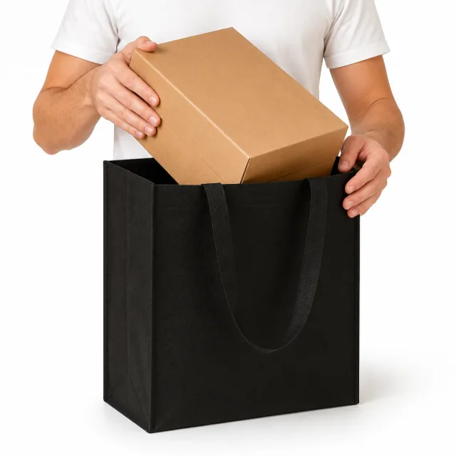 Bolsa de friselina negra tipo box con fuelle y una caja kraft