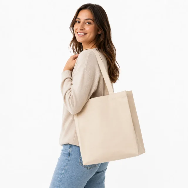 Tote bag de lienzo natural llevada al hombro, vista lateral