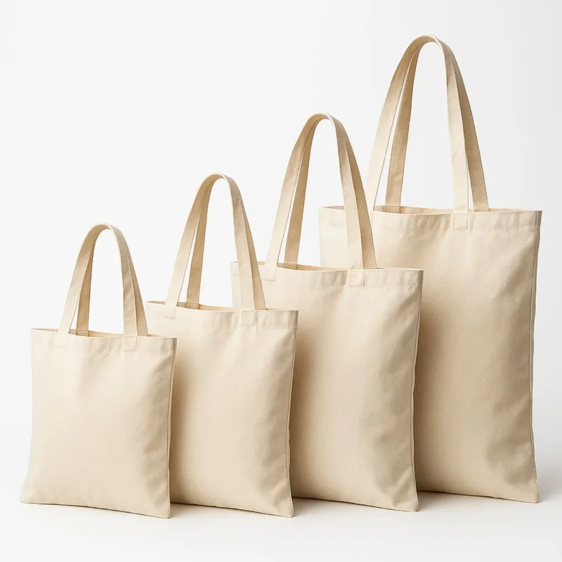 Cuatro tote bags de lienzo natural de distintos tamaños, con manijas, de menor a mayor, sobre fondo claro