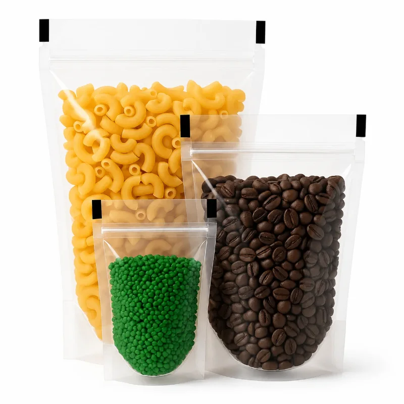 Doypack transparente en tres tamaños, con pasta, café en grano y unas bolitas verdes