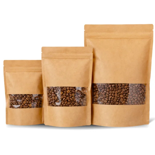 Doypack kraft marrón con ventana, con café, en tres tamaños