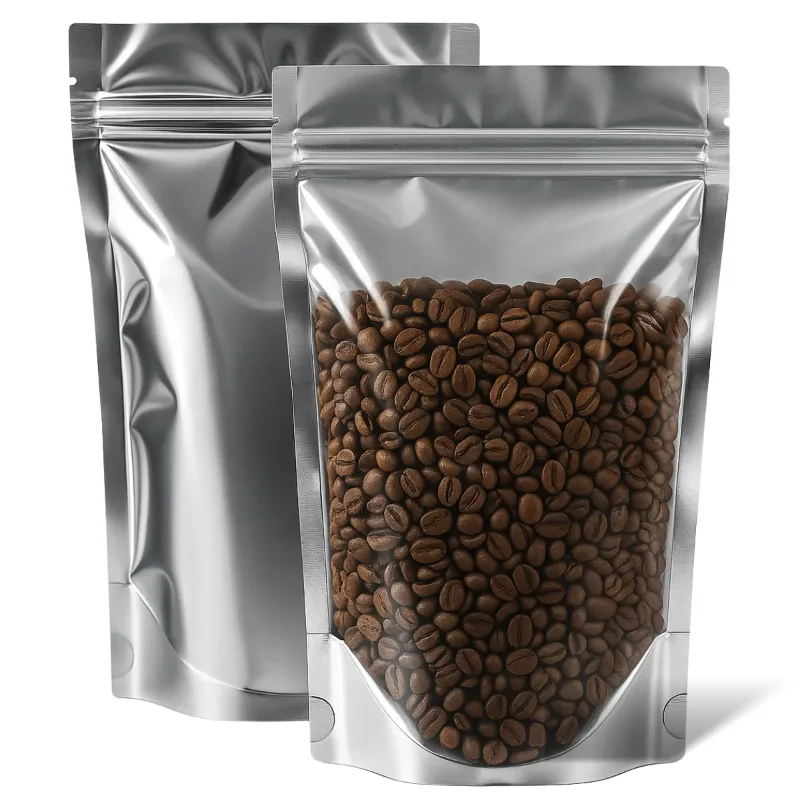 Doypack metalizado con ventana frontal transparente, lleno de café en grano