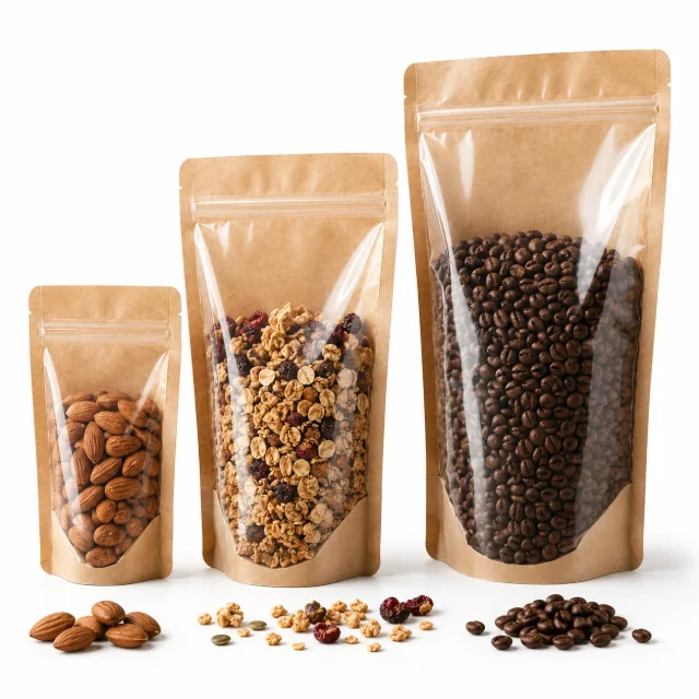 Tres bolsas doypack kraft con ventana transparente, con frutos secos, granola y café en grano