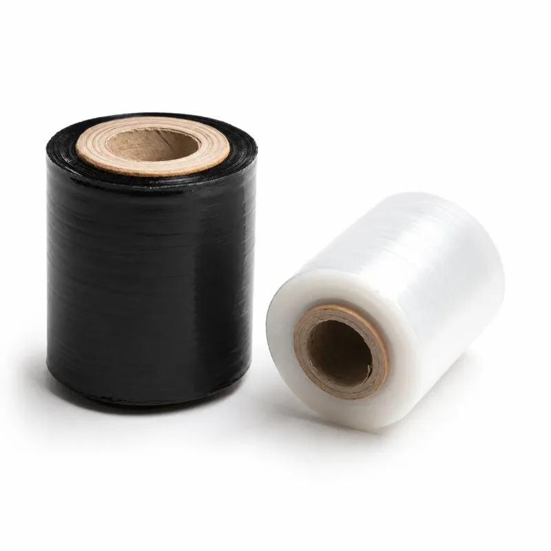 Dos rollos de mini film stretch, uno negro y otro transparente, con tubo de cartón en el centro
